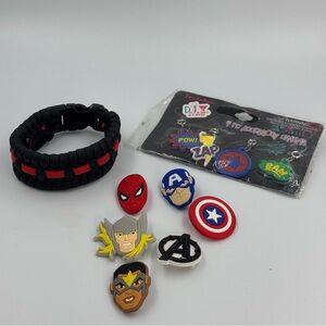 Kids Superhero Bundle Charms, Pins and Cord Bracelet Spider-Man Thor and More